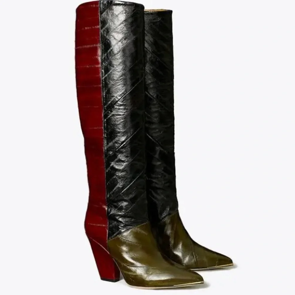 TORY BURCH LILA TALL BOOTS EEL LEATHER COLOR OLIVE/BLK/WINE 90MM HEEL US 8 1/2 - Picture 1 of 6